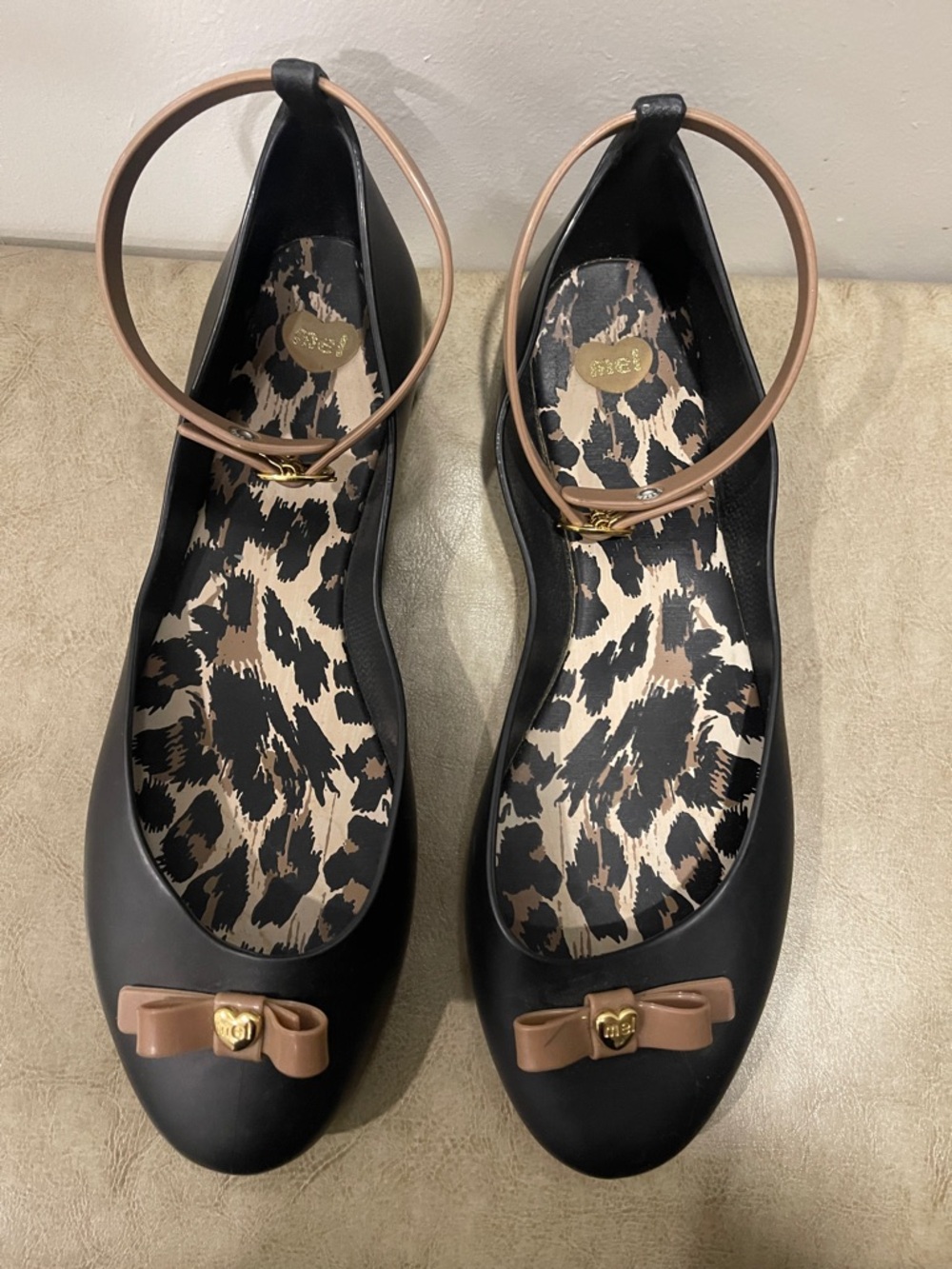 Melissa Black Flats with Taupe Bow and Ankle Strap